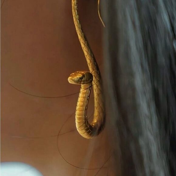 Gothic Snake Gold Tone earrings, blue jewel eyes, engraved detailing, New - Picture 3 of 4